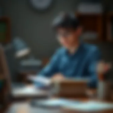A student balancing work and studies, with books and a laptop on a desk.