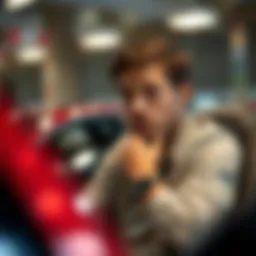 A thoughtful individual reviewing car options