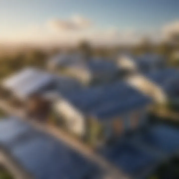 A scenic image of a residential area with solar panels installed on rooftops under the Australian sun.