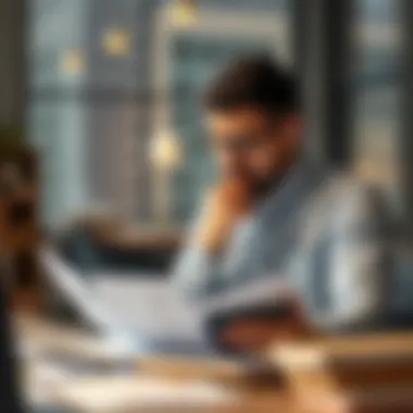 A thoughtful entrepreneur reviewing documents with a calculator, representing financial planning