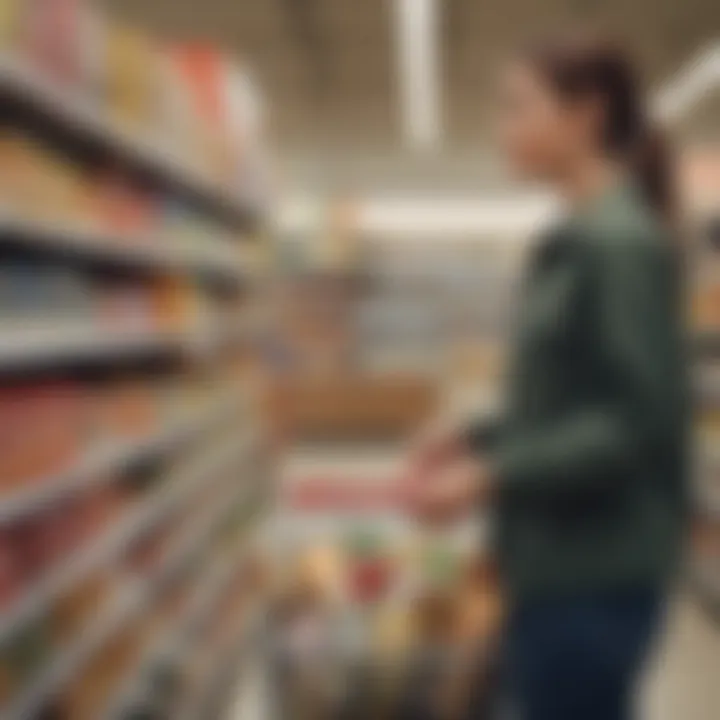 A shopper examining grocery prices at a store