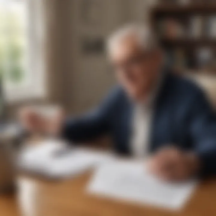 A senior reading loan documents at a desk