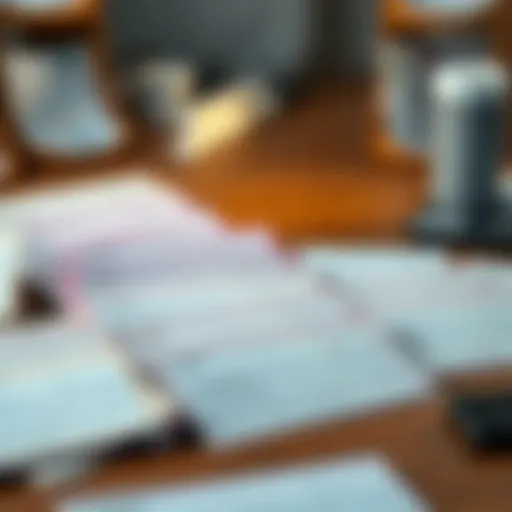 A collection of various printed checks displayed on a wooden desk