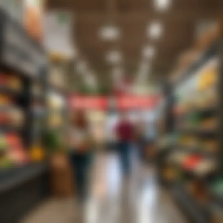 Market scene displaying grocery prices and healthy food options