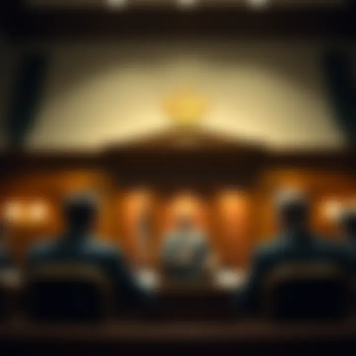 An illustration of a courtroom scene with a scammer